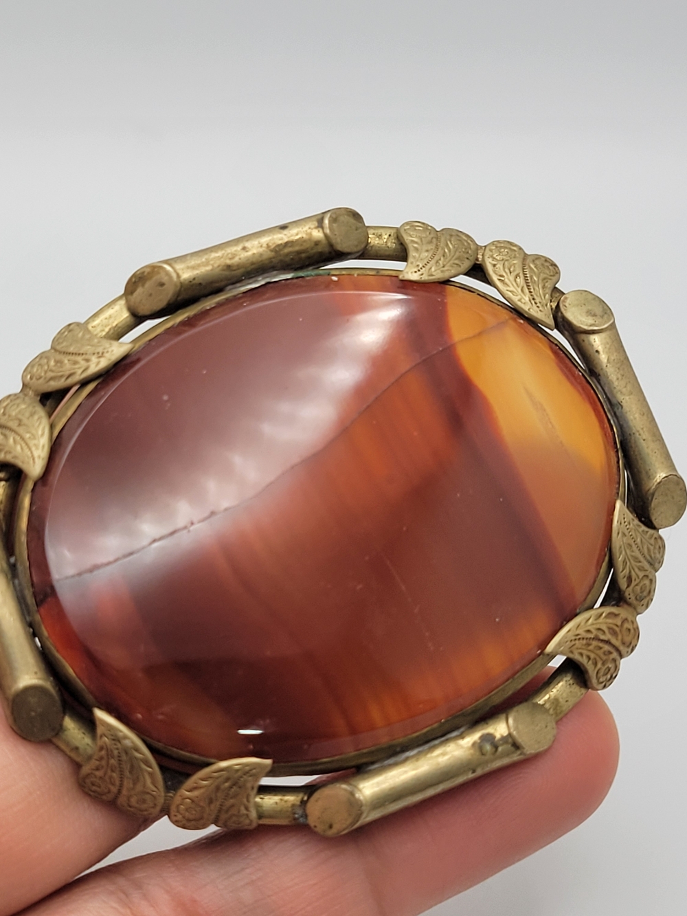 Antique Victorian Banded Carnelian Agate Brooch Pendant Brass c1870